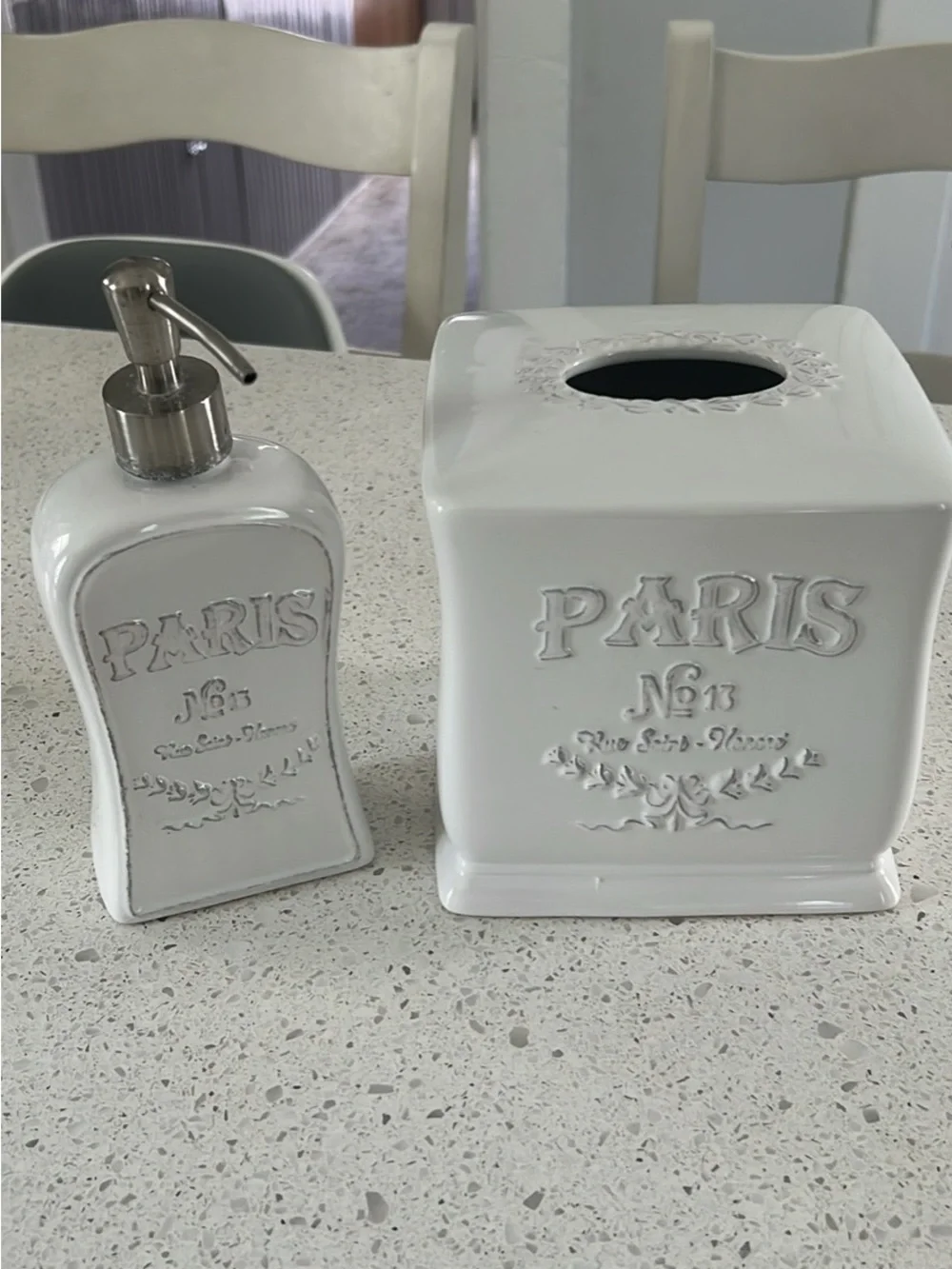 Paris Ceramic White Soap Dispenser and Tissue Cover Set